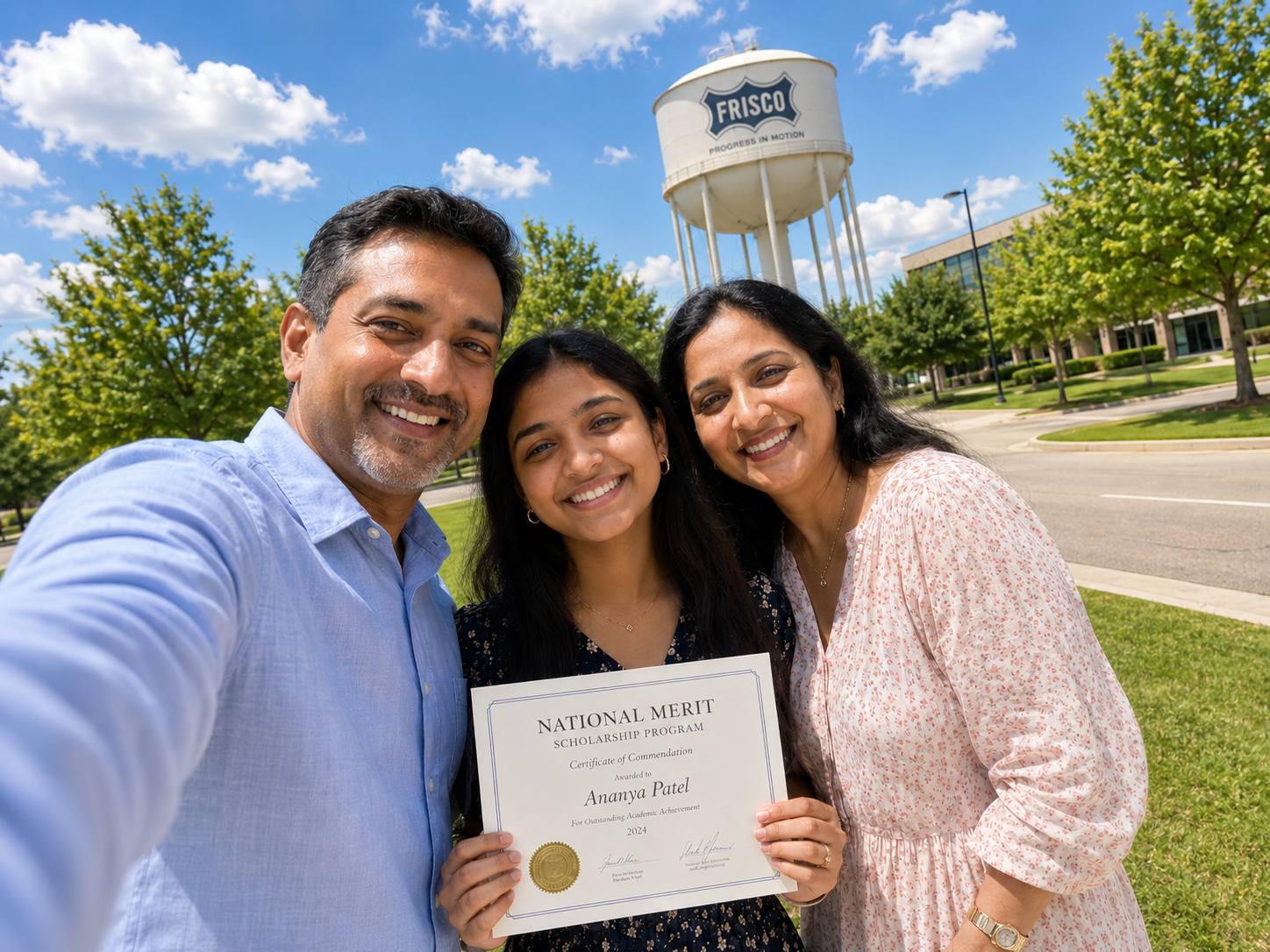 CIRQLE student with National Merit Scholarship certificate alongside proud parents in Frisco